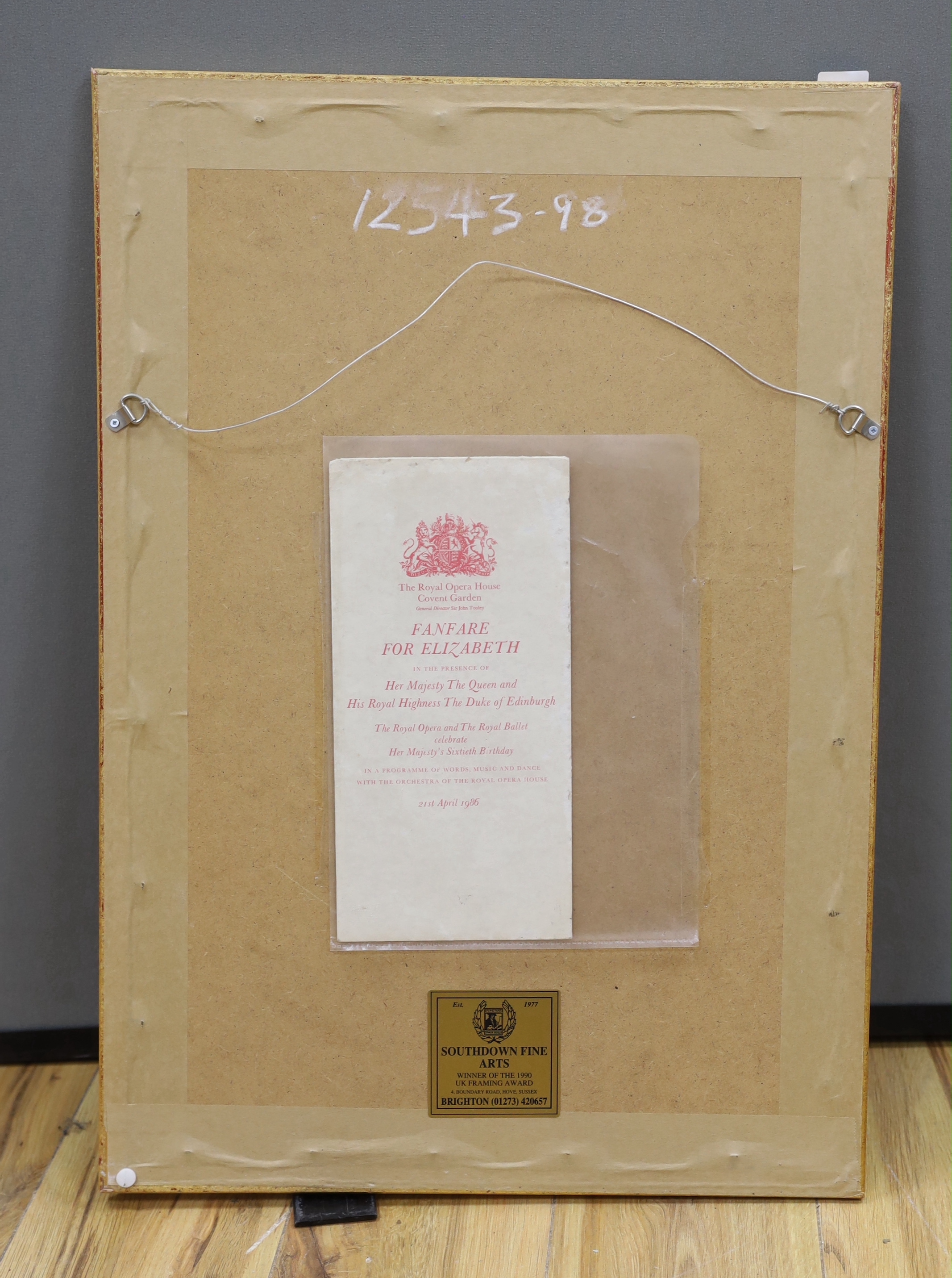 A vintage silk Royal Opera Covent Garden programme, Fanfare for Elizabeth II, 21st April, 1986, designed by Michael Szell, original envelope verso, 57 x 37cm